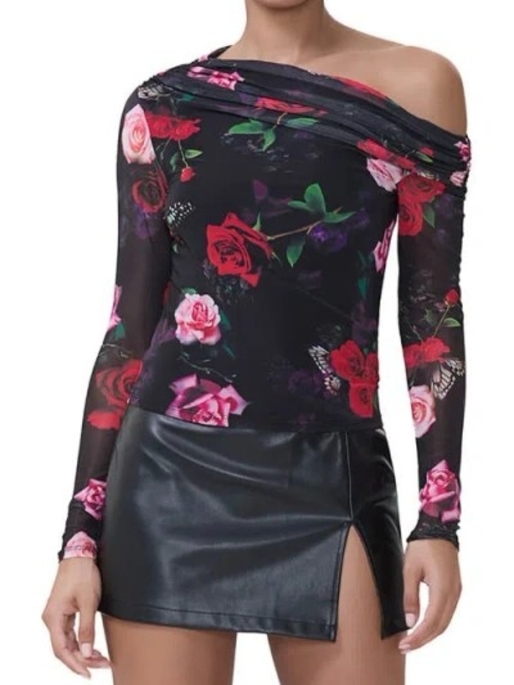 Off-Shoulder Black Rose Print Long-Sleeve Top AFRM  XS
